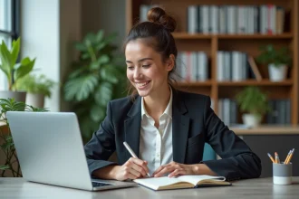 Femme motivée au bureau en coworking lumineux
