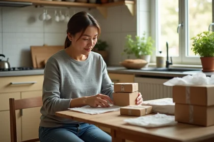 Femme travaillant à domicile en emballant des colis sur une table en bois dans une cuisine chaleureuse