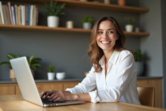 Femme souriante travaillant sur un laptop dans une cuisine moderne