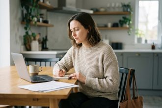 Femme au travail à la maison avec ordinateur et notes