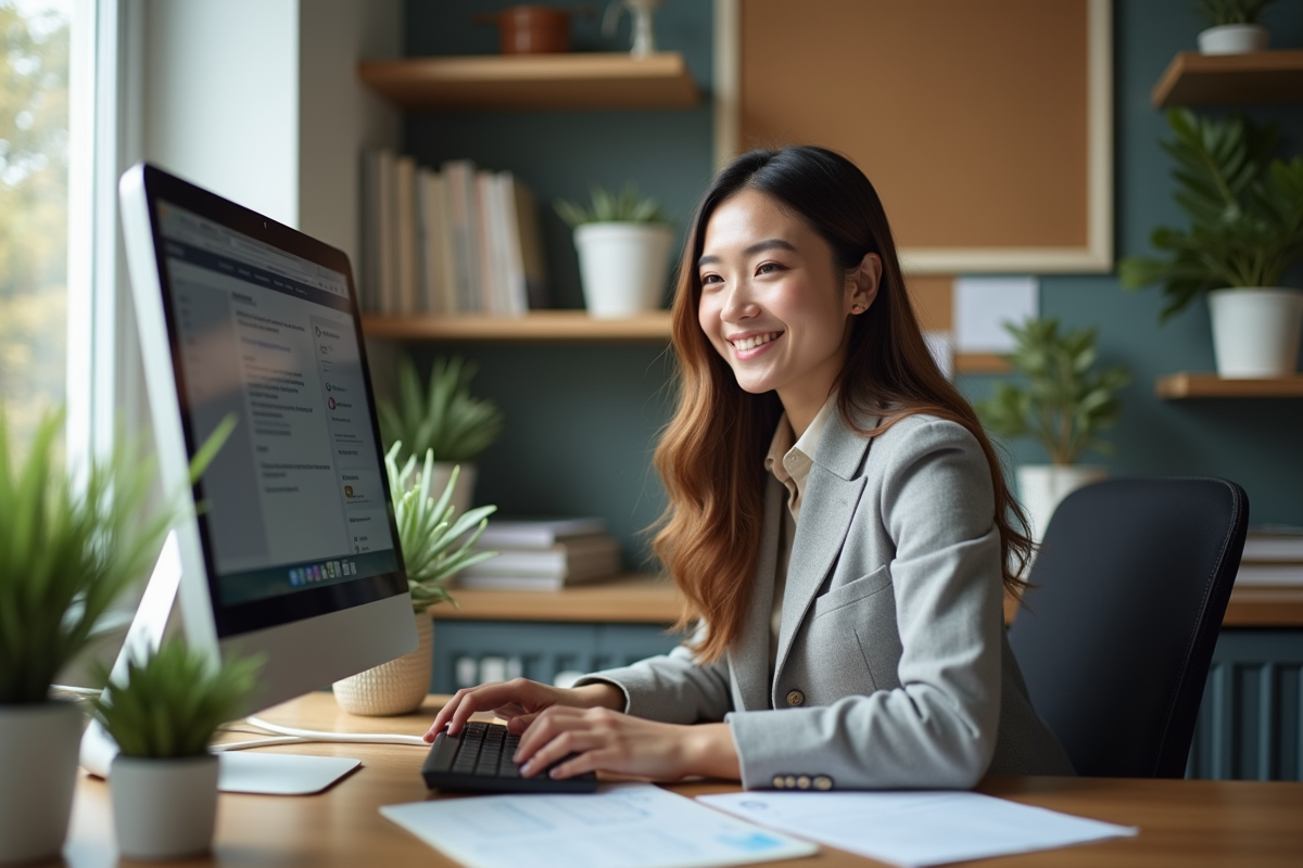 Jeune femme souriante travaillant sur son ordinateur dans un bureau