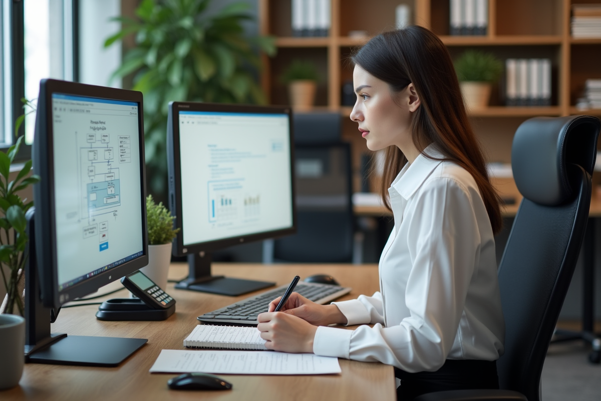 Jeune femme concentrée à son poste de travail avec un ordinateur