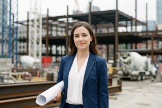 Femme en costume bleu devant un chantier urbain