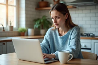 Jeune femme vérifiant sa commande Shein sur un ordinateur portable dans une cuisine moderne pour éviter les mauvaises surprises lors d'un achat en ligne