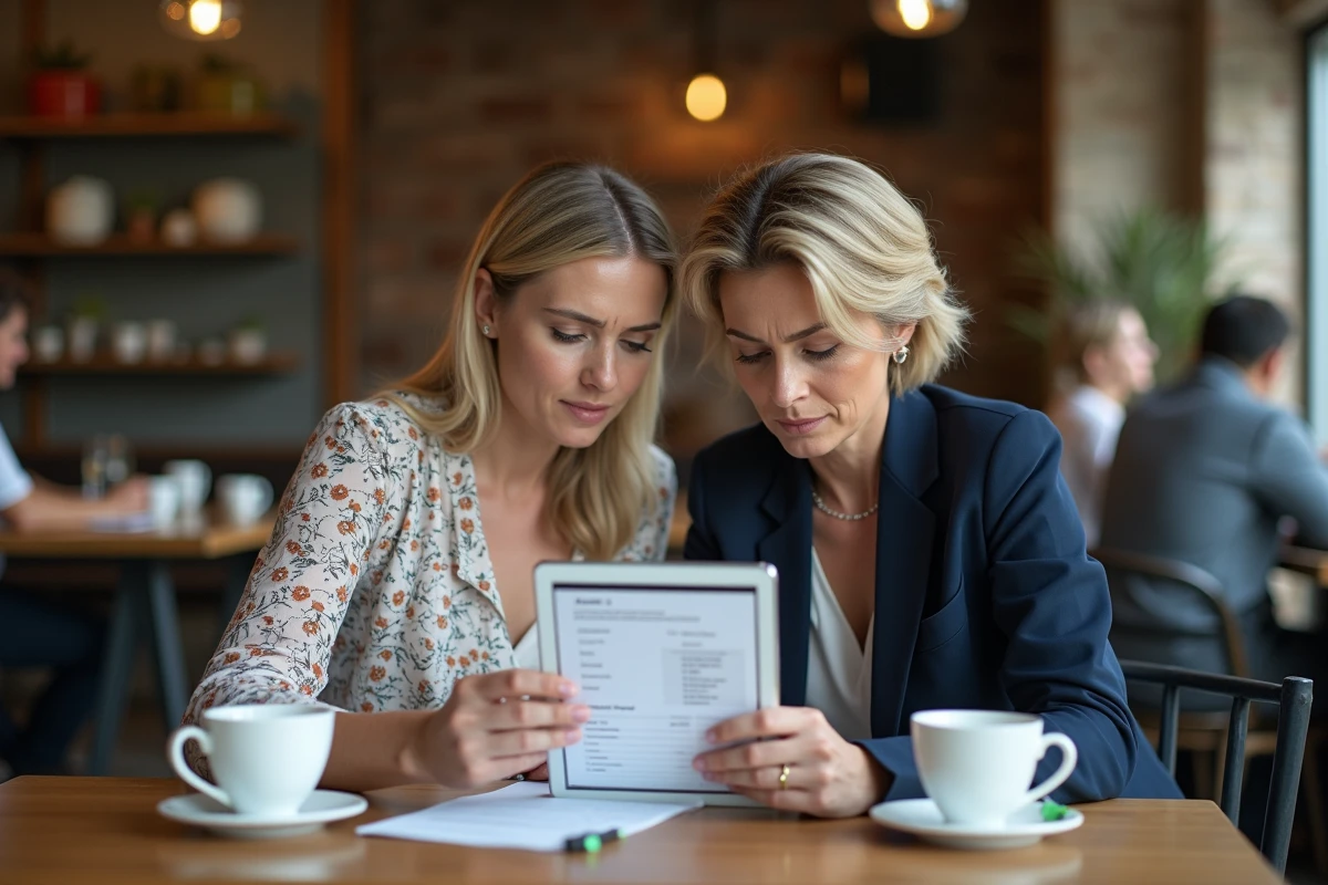 Deux femmes analysant une facture et une commande en ligne sur tablette dans un caf&eacute; pour comprendre les frais li&eacute;s aux achats internationaux sur Shein