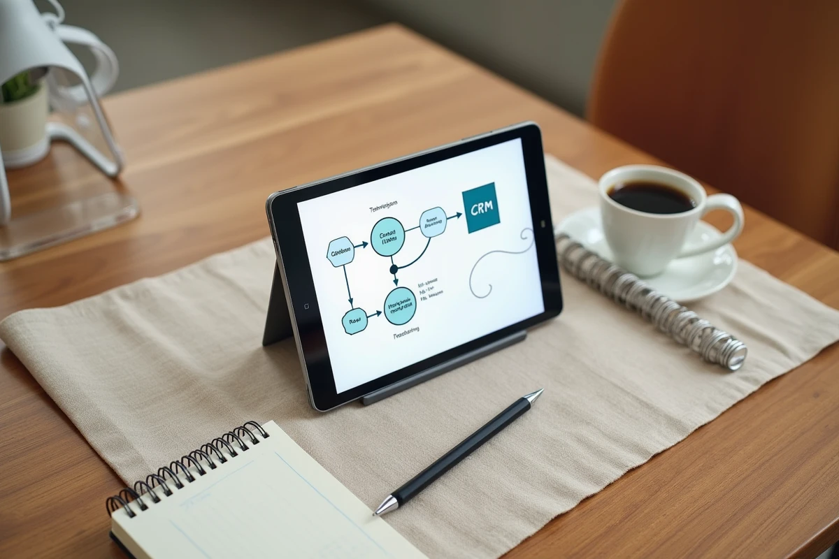Vue aérienne d'un bureau avec tablette affichant un workflow no-code reliant Mistral Le Chat à un CRM et un carnet de notes manuscrites
