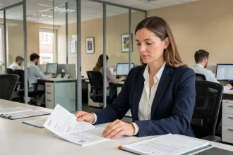 Fonctionnaire de catégorie A dans un bureau d'administration territoriale française, examinant des documents officiels avec sérieux