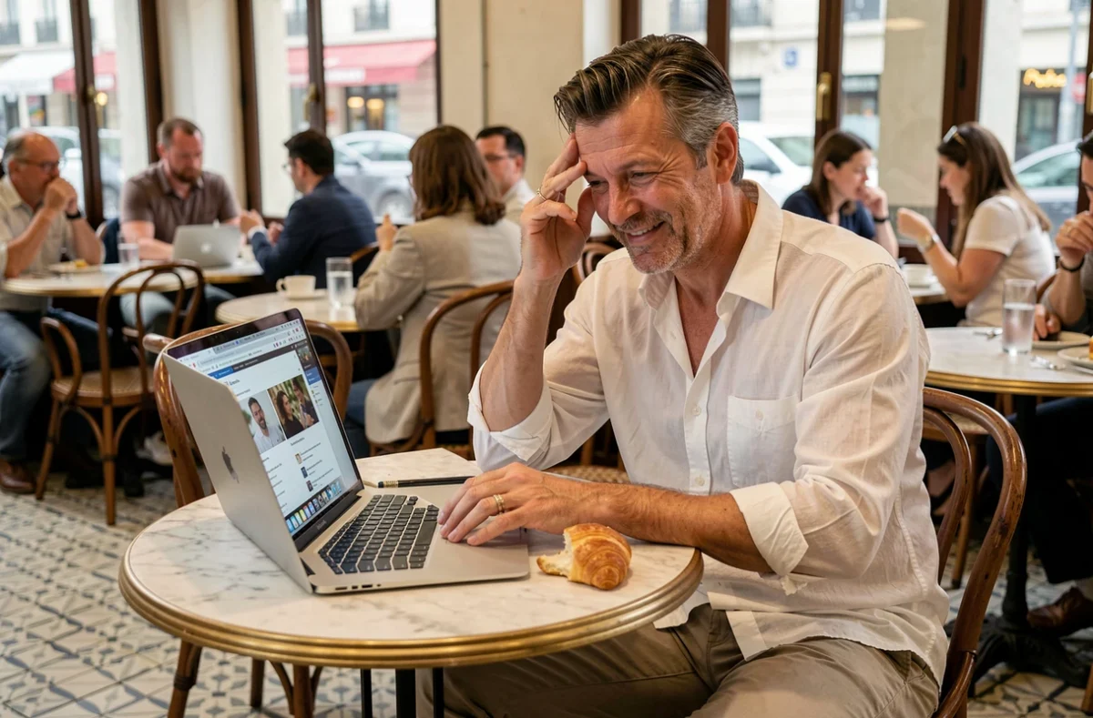 Freelance masculin dans un café parisien avec ordinateur portable, exprimant avec humour la pression du travail indépendant