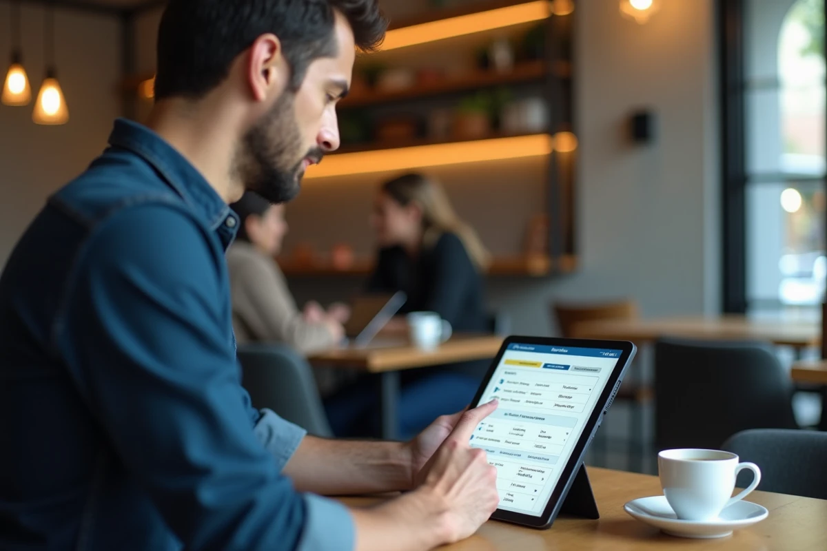 Freelance masculin consultant un outil de suivi de projets sur tablette dans un café urbain moderne