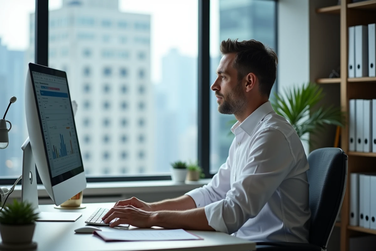 Gestionnaire CSE administrant une plateforme de billetterie sur ordinateur de bureau dans un bureau privé