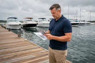 Gestionnaire de marina analysant des données financières sur une tablette au bord d'un ponton avec des bateaux amarrés en arrière-plan