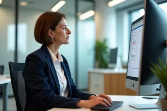 Gestionnaire RH utilisant le logiciel DeskRH Silae sur un ordinateur de bureau dans un open-space moderne