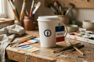 Gobelet personnalisé made in France posé sur une table d'atelier artisanal avec des pinceaux et étiquettes tricolores