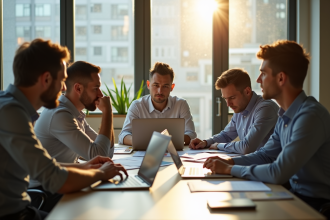 Groupe de salariés stressés autour d'une table au bureau