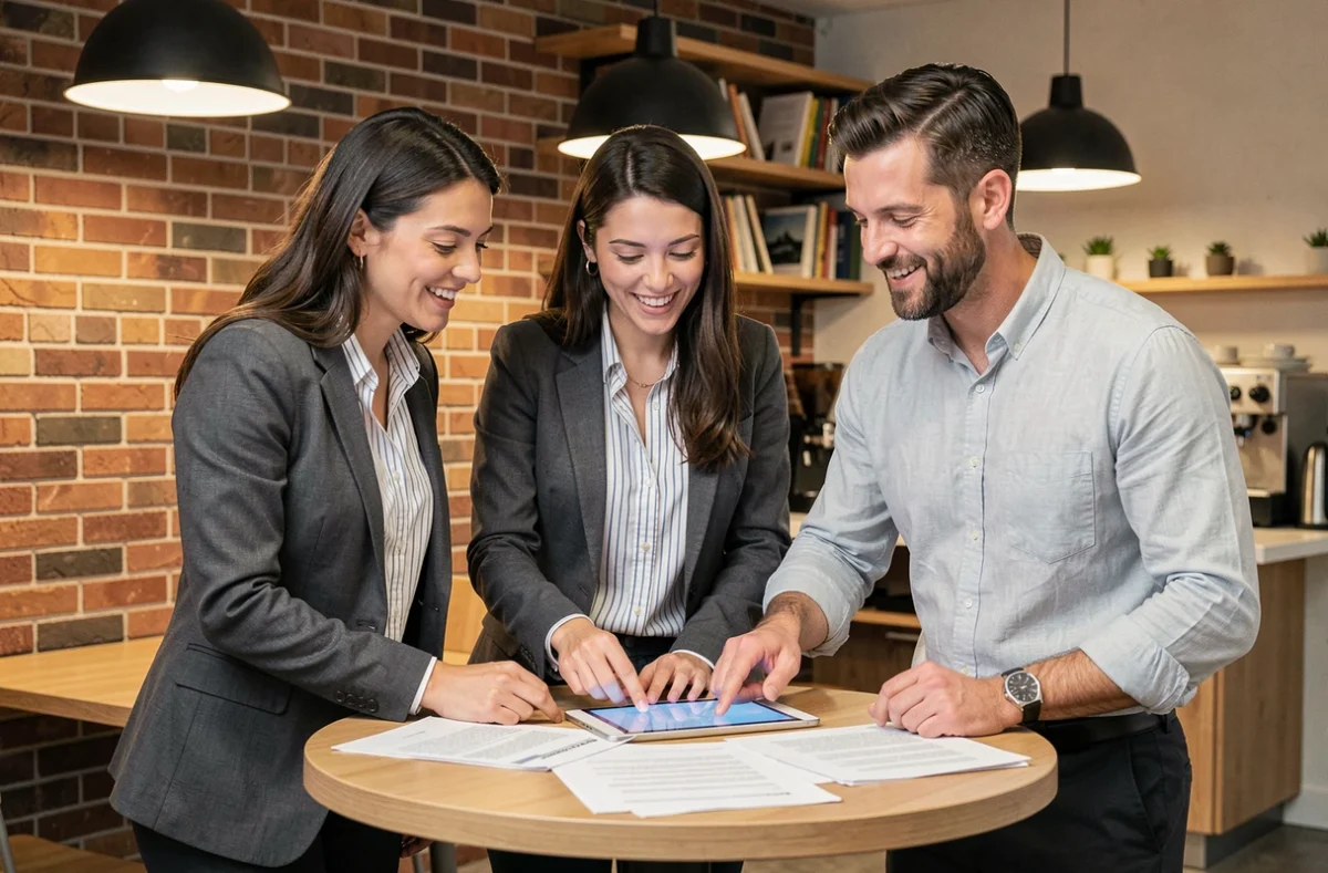 Groupe de professionnels collaborant autour d'une table haute dans un espace de coworking à Lyon