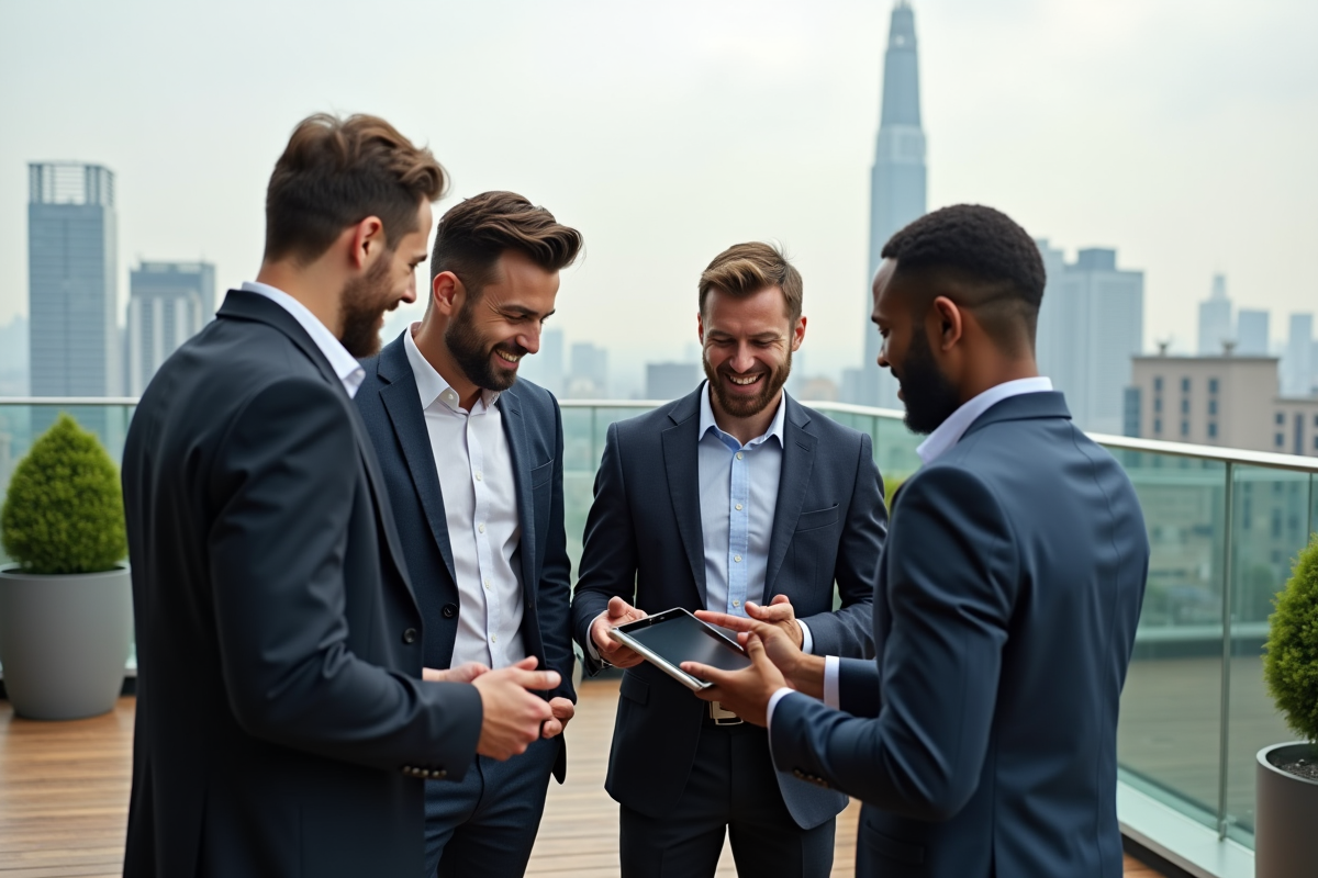 Groupe divers de professionnels collaborant sur une terrasse urbaine