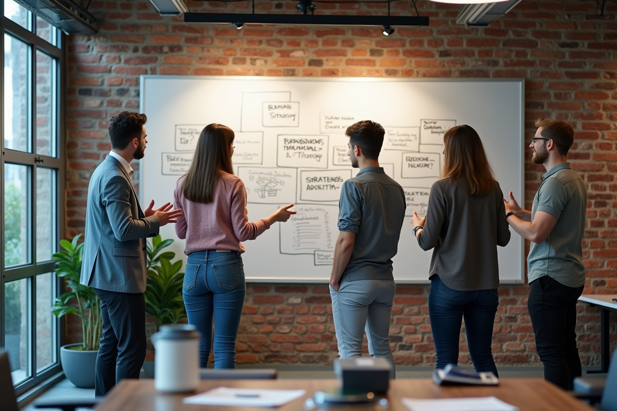 Groupe de jeunes professionnels discutant stratégie digitale en coworking