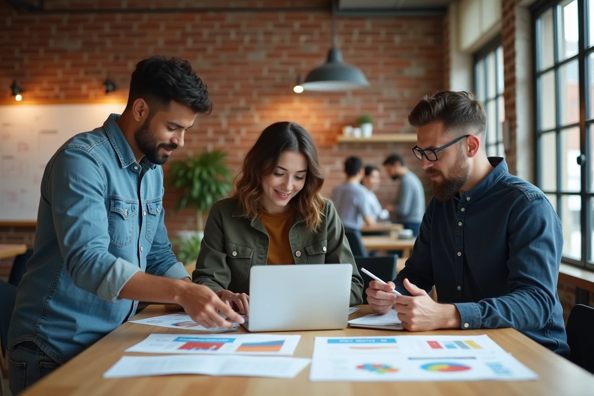 Groupe d'entrepreneurs collaborant sur une stratégie numérique et un plan de financement dans un incubateur de startups