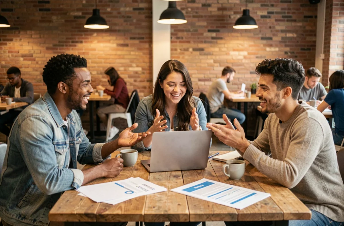 Groupe d'étudiants entrepreneurs en réunion autour d'un business plan dans un espace de coworking