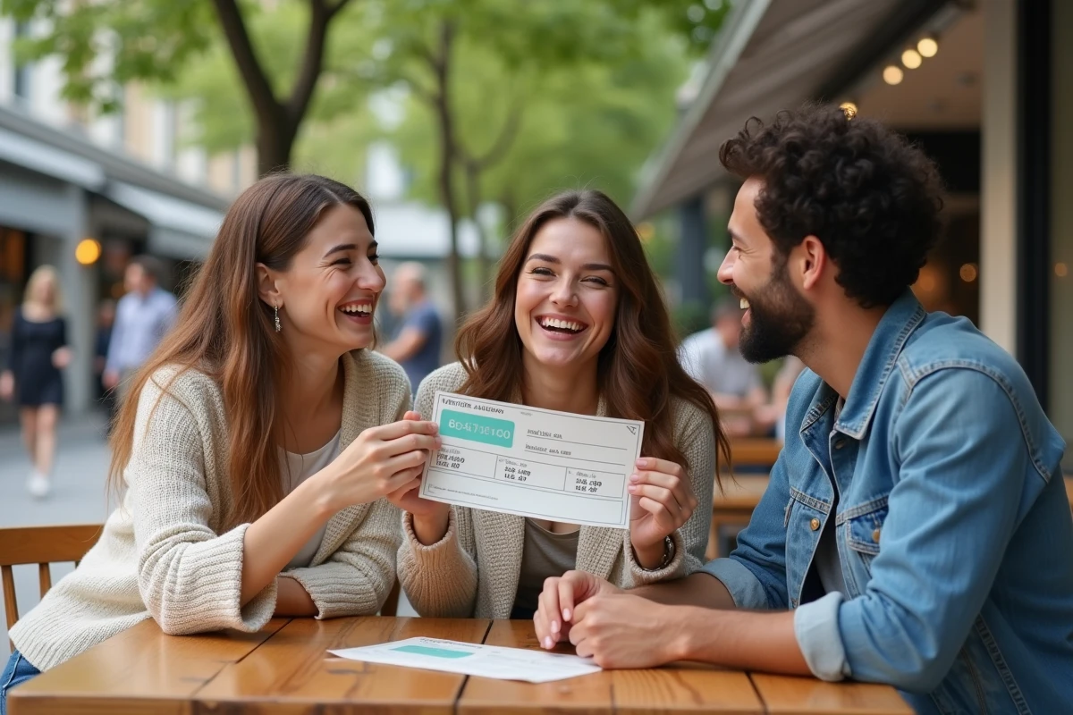Groupe de jeunes riant avec bon de réduction en extérieur