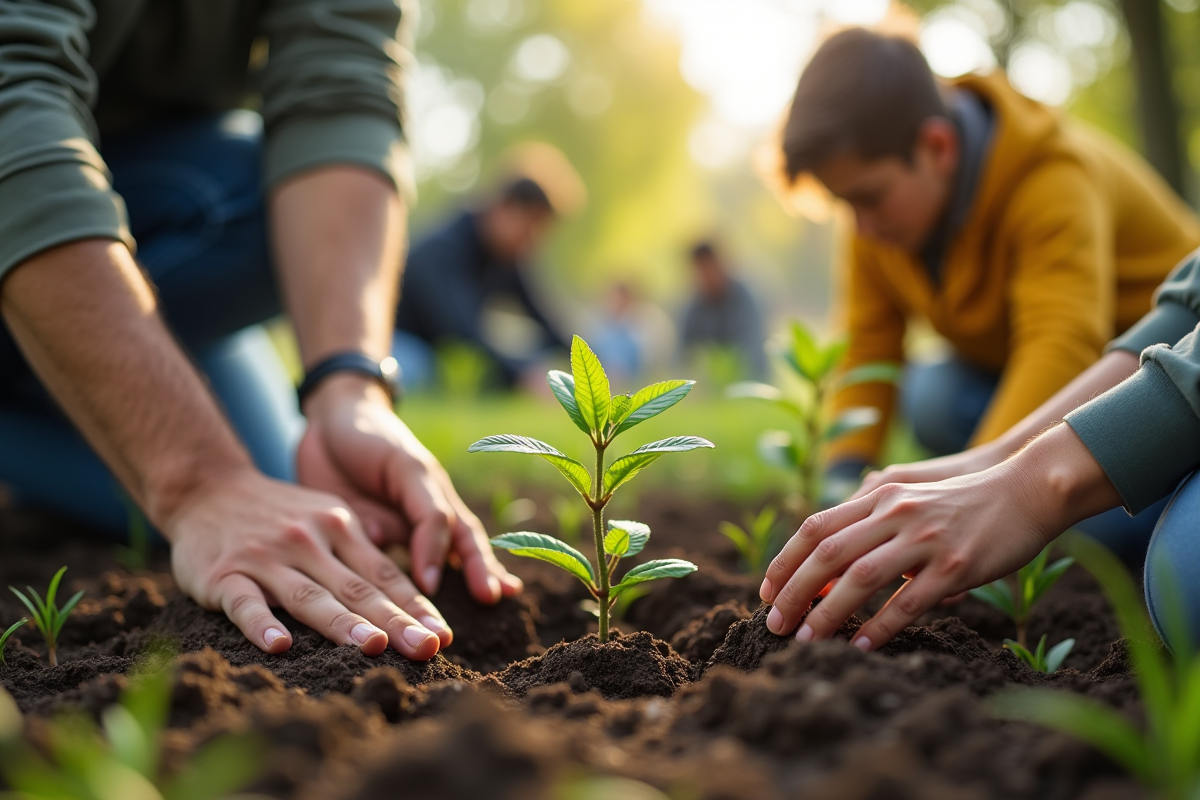 Groupe de personnes plantant des arbres dans un parc urbain en après-midi
