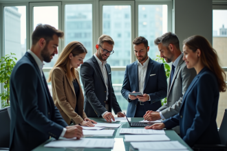 Groupe de professionnels en réunion dans un bureau moderne