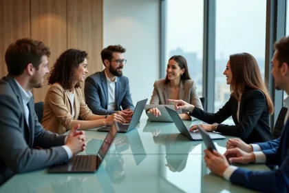 Groupe de professionnels en r&eacute;union dans un bureau moderne
