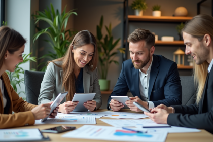 Groupe de professionnels analysant des infographies en réunion