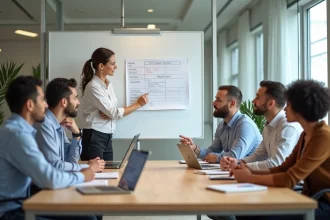 Groupe divers de professionnels autour d'un tableau Kanban en réunion