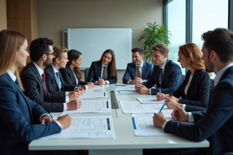 Groupe de professionnels en réunion d'affaires en salle moderne