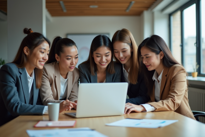 Groupe de professionnels en réunion autour d'un ordinateur avec CRM