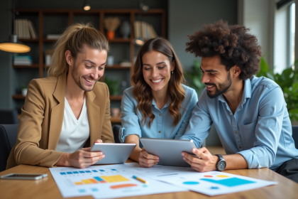 Groupe de trois adultes en réunion dans un bureau moderne