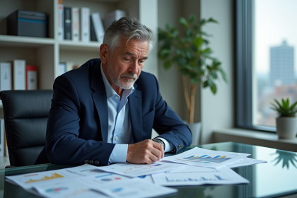 Homme d'affaires en costume bleu analysant des graphiques