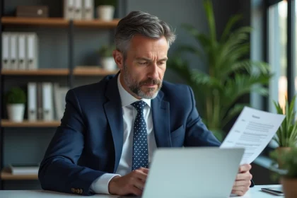 Homme d'affaires en costume bleu dans un bureau moderne
