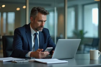 Homme d'affaires en costume noir utilisant son ordinateur portable