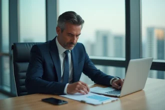 Homme d'affaires en costume navy dans un bureau moderne