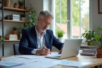 Homme belge d'âge moyen dans un bureau moderne en train de remplir des papiers