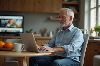 Homme d'âge moyen utilisant un ordinateur dans sa cuisine moderne