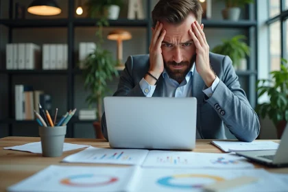 Homme d'affaires frustré au bureau avec papiers et ordinateur