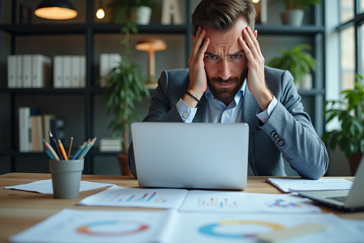 Homme d'affaires frustré au bureau avec papiers et ordinateur