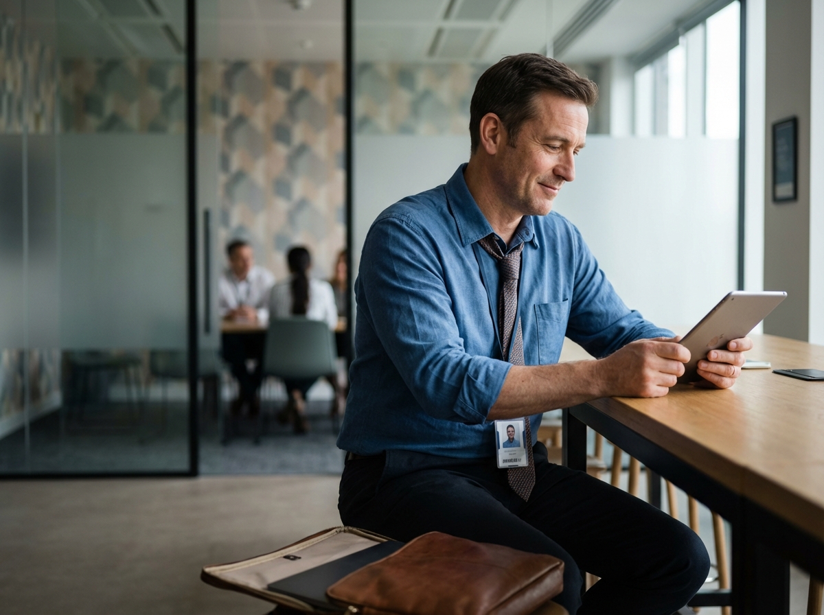 Homme dans un bureau urbain avec tablette et badge