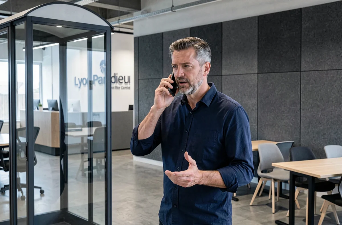 Homme d'affaires en appel téléphonique dans une cabine acoustique d'un coworking à Lyon Part-Dieu