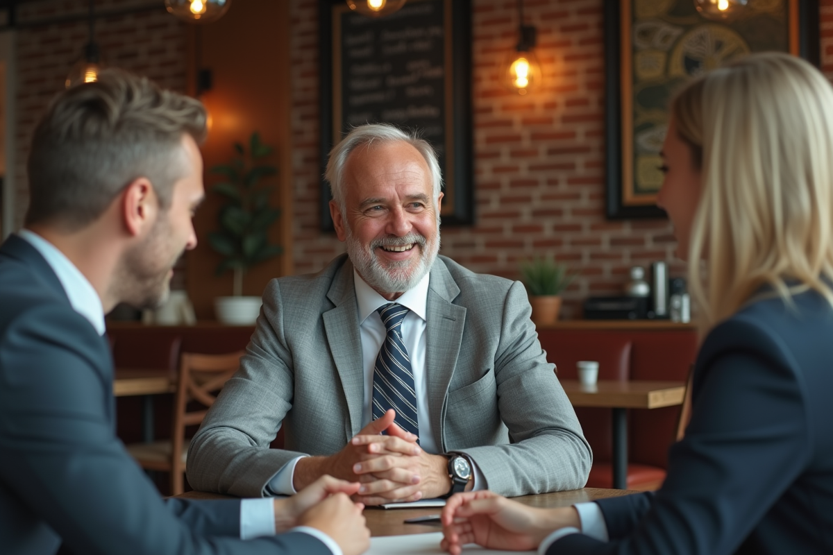 Homme en costume partageant ses expériences en café