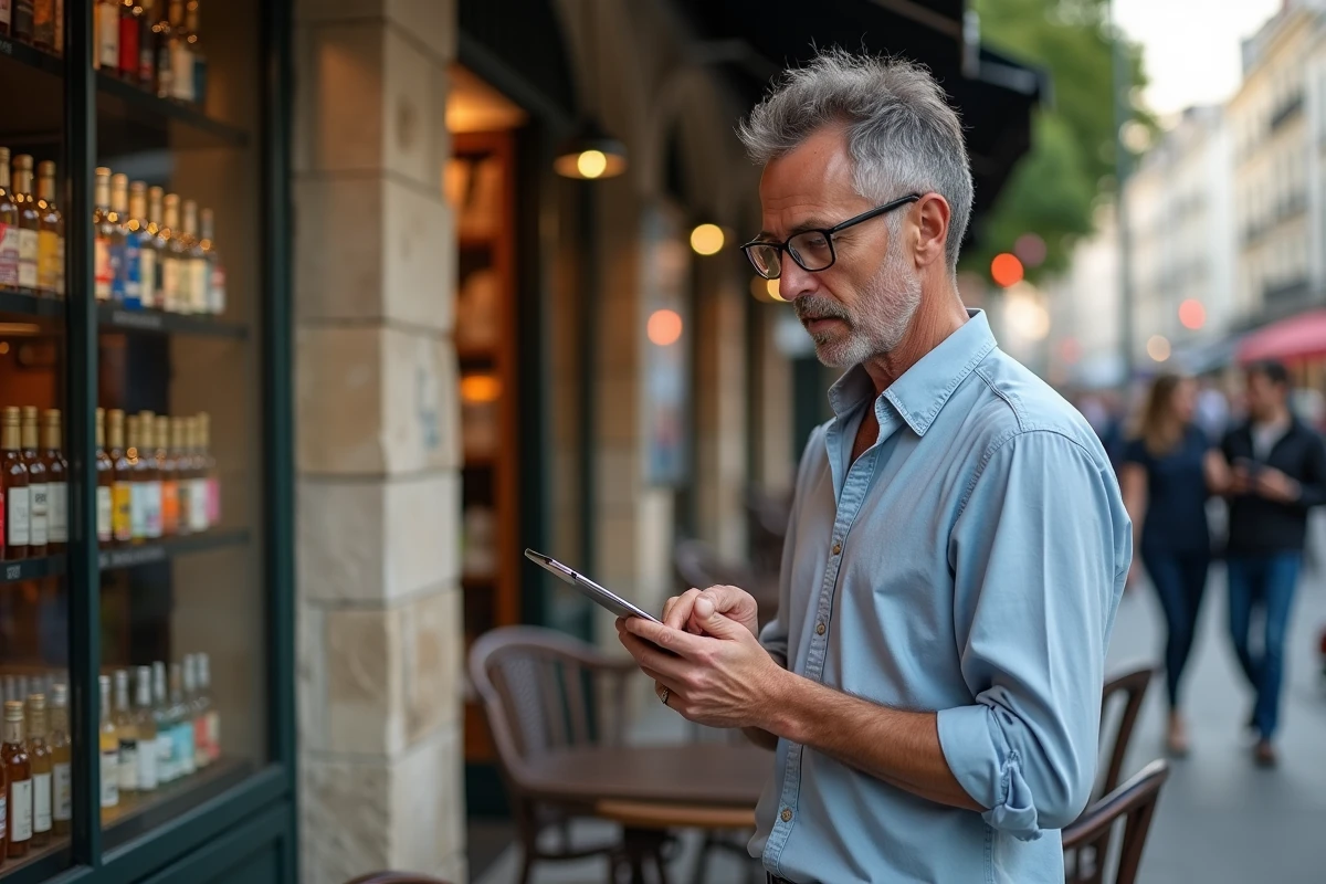 Homme au café comparant des marques françaises avec une tablette