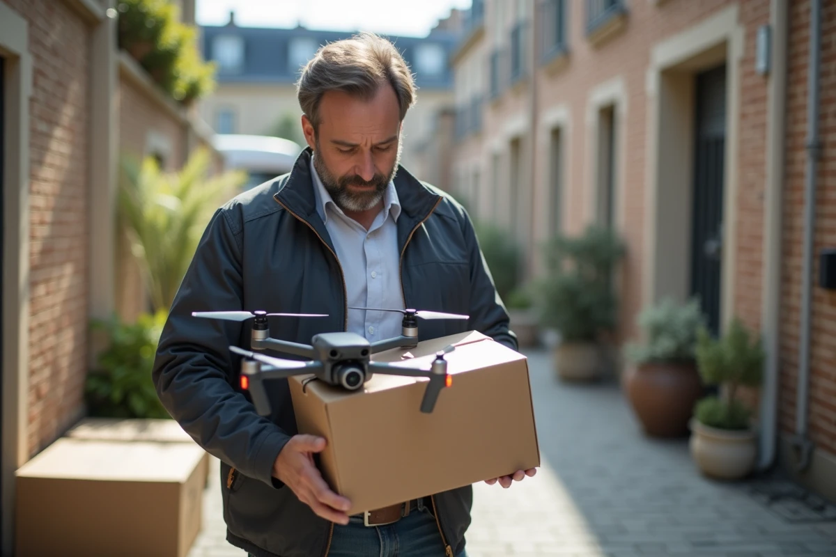 Homme chargeant un colis dans un drone à Paris