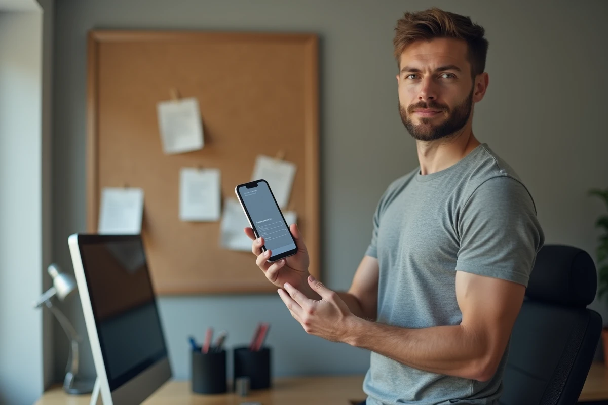 Homme consultant une confirmation de paiement sur smartphone dans un bureau &agrave; domicile pour s&eacute;curiser ses transactions avec un service de transfert financier