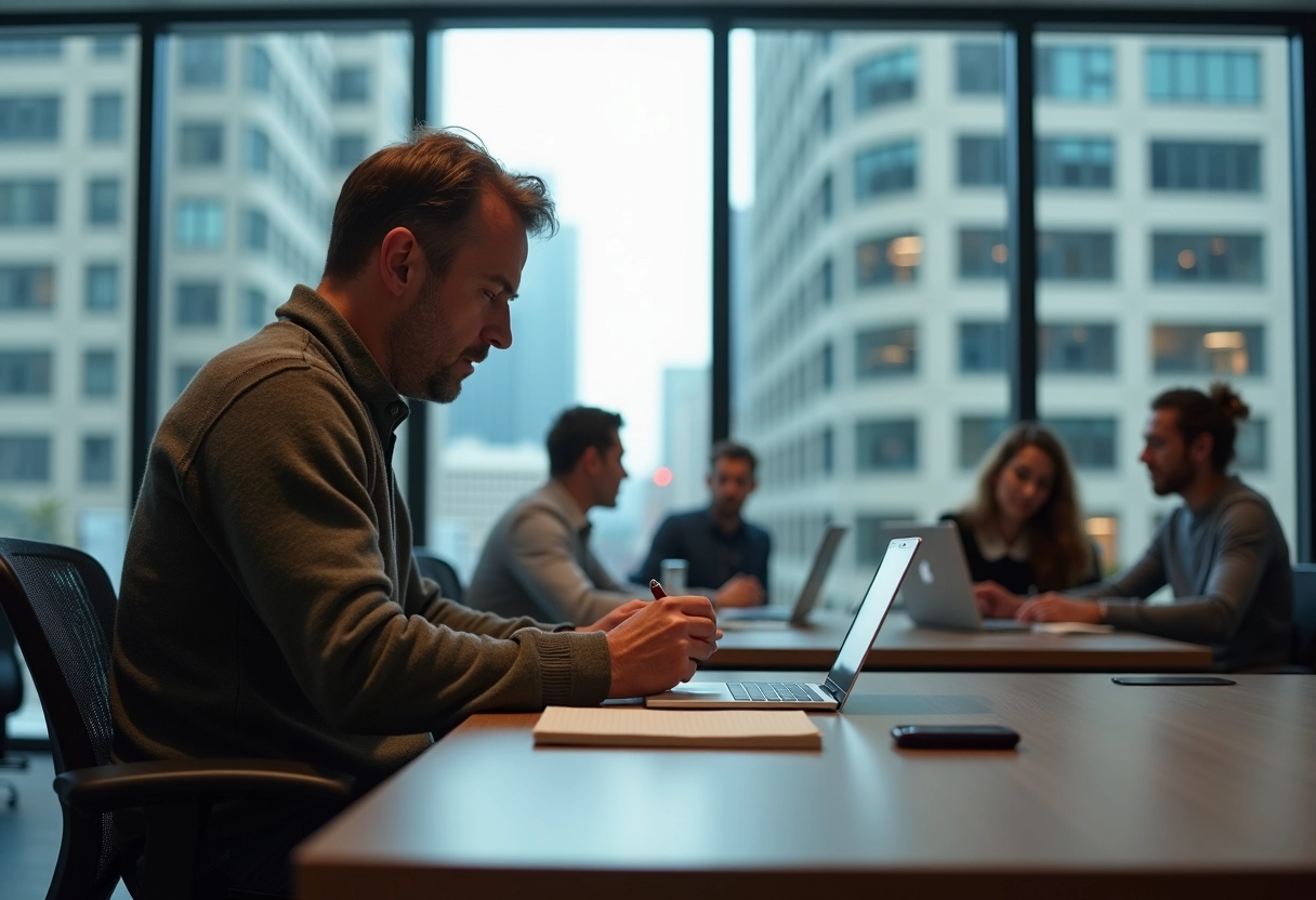 Homme lisant une tablette dans un espace de coworking urbain