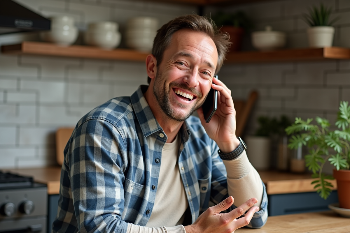 Homme décontracté parlant au téléphone dans sa cuisine