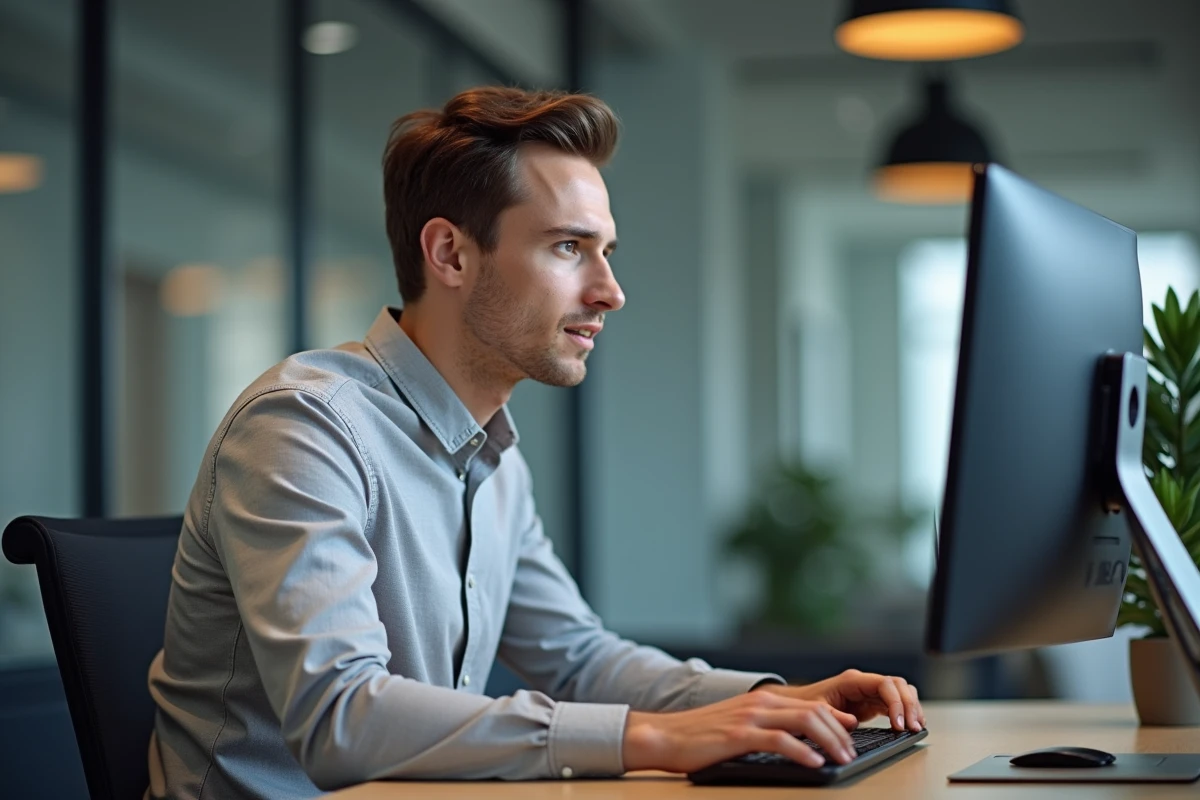 Homme exprimant sa motivation pour un poste lors d'un entretien vidéo dans un espace de coworking moderne