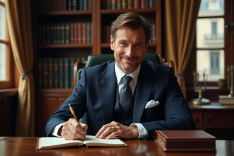 Homme d'âge moyen écrivant dans un carnet en bois ancien